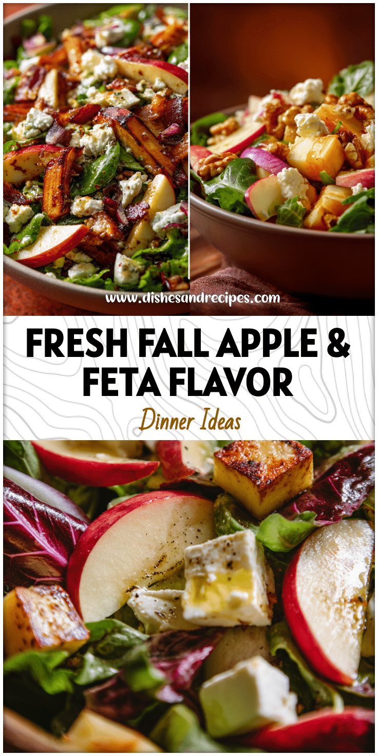 Bowl of Autumn Harvest Apple and Feta Salad with greens and vinaigrette for a Fall Dinner Party Salad.